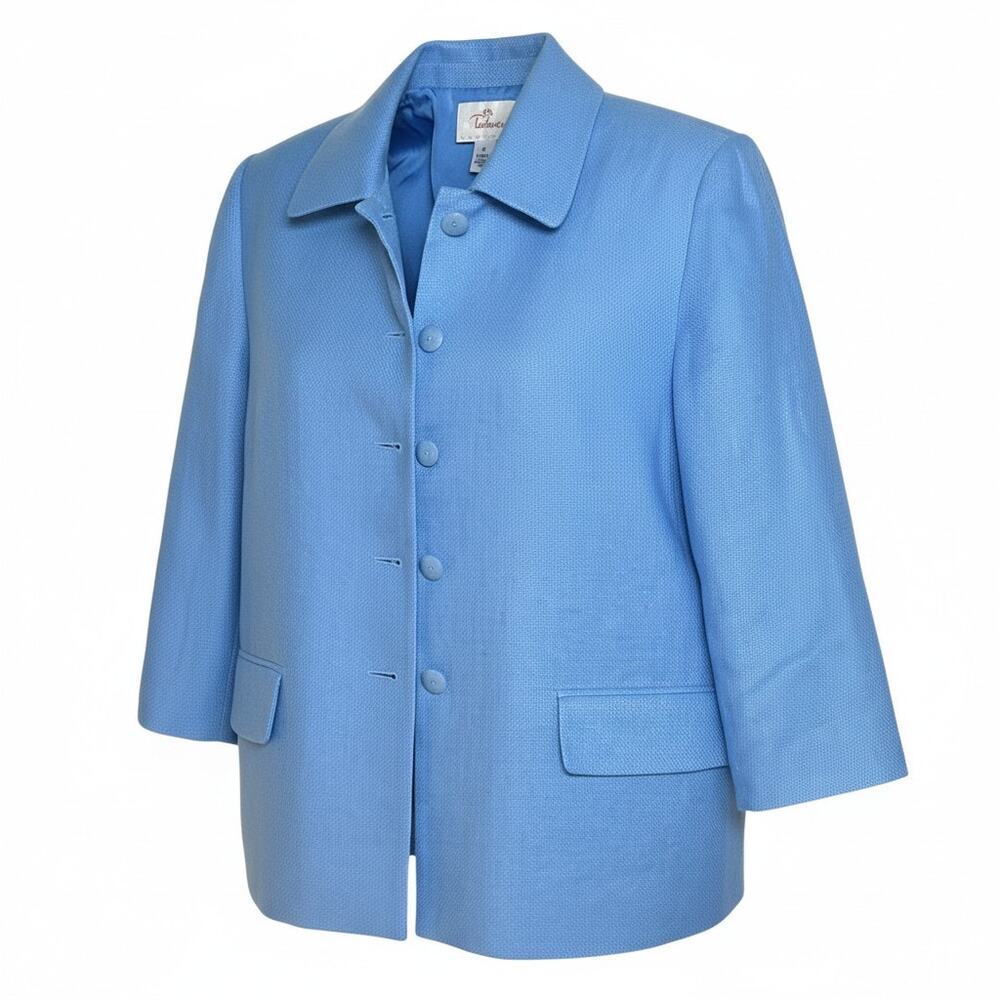 Talbots Women's Size 12P Blue Blazer Irish Linen Cropped Button Up Jacket Lined